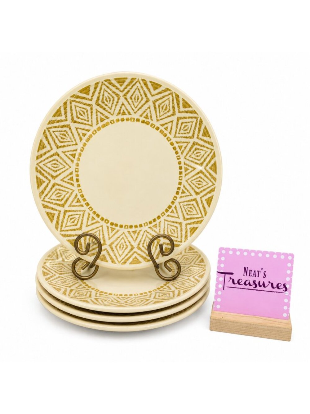 Vintage Harmony House RIVIERA Tan Geometric Border Stoneware Dinner Plate Set 4